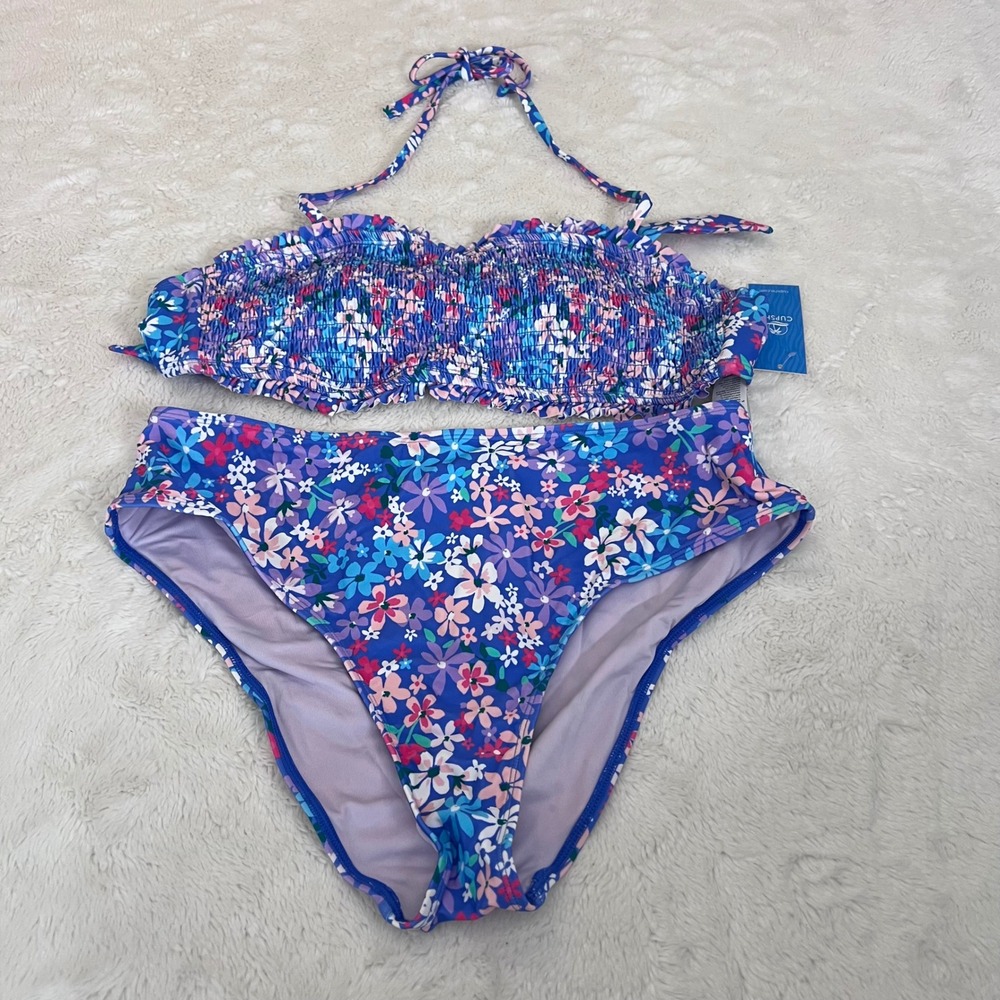 Cupshe Womens Blue Floral Smocked Bandeau High Waisted Bikini Set Size Large NWT